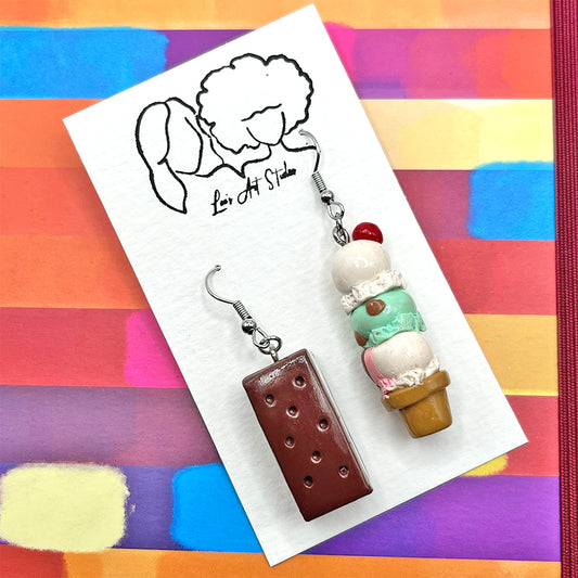 Lee's Art Studio ice cream sandwich and triple scoop ice cream cone polymer clay pair of earrings package view