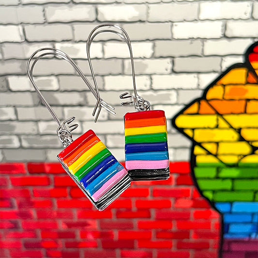 Lee's Art Studio rainbow color block charm long hoops polymer clay earrings full hoops view