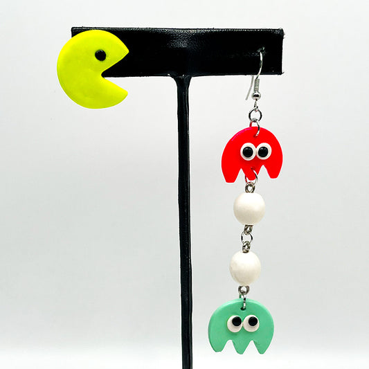 Lee's Art Studio retro 80's arcade game polymer clay asymmetric earrings front view