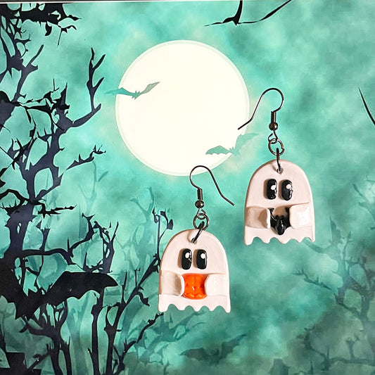 Lee's Art Studio spooky and friendly ghost polymer clay long earrings front view with details