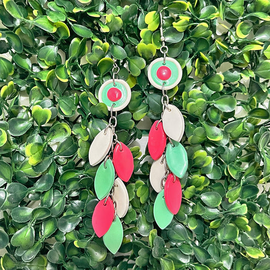 Lee's Art Studio tear drop shape design asymmetric polymer clay long earrings front view