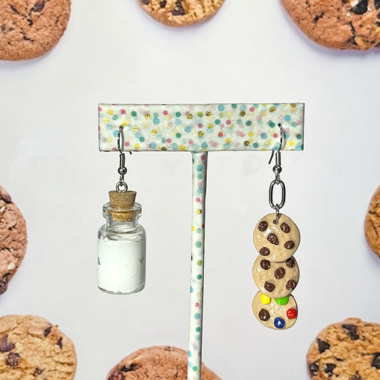 Lees Art Studio fun milk and cookies polymer clay earrings front view