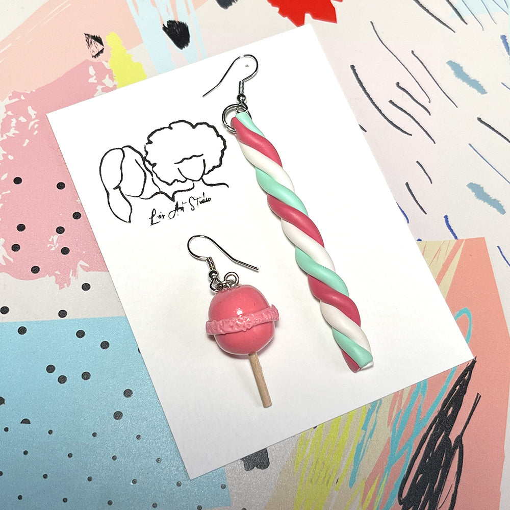 Lees Art Studio lollypop and marshmallow stick polymer clay asymmetric earrings package view