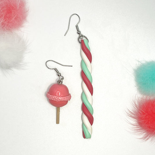 Lees Art Studio lollypop and marshmallow stick polymer clay asymmetric earrings top view