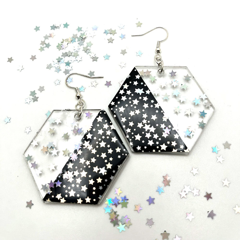 Lees Art Studio acrylic hexagon with holographic stars glitter acrylic earrings
