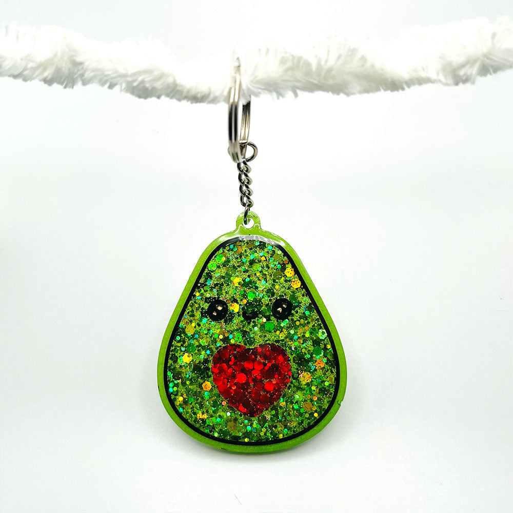 Lees Art Studio avocado with red glitter heart resin keychain