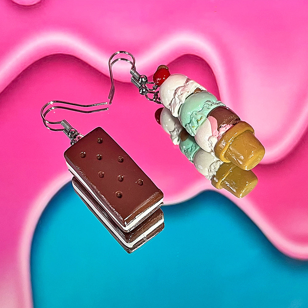 Lee's Art Studio ice cream sandwich and triple scoop ice cream cone polymer clay pair of earrings