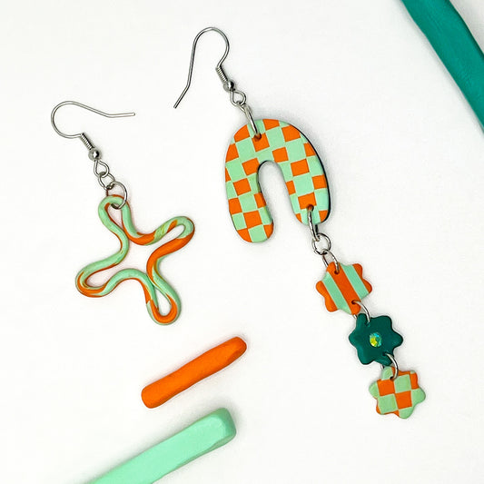 Lee's Art Studio different shapes and pattern designs asymmetric long polymer clay earrings