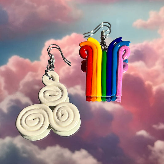 Lee's Art Studio piece of rainbow with a swirly cloud asymmetric polymer clay earrings