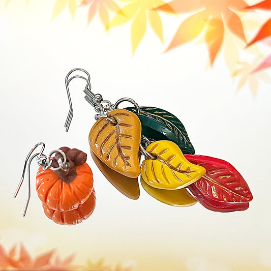 Lee's Art Studio pumpkin and fall color leaves asymmetric polymer clay earrings