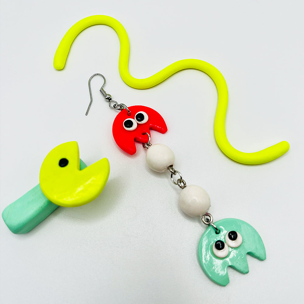 Lee's Art Studio retro 80's arcade game polymer clay asymmetric earrings