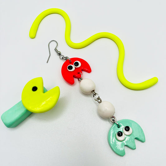 Lee's Art Studio retro 80's arcade game polymer clay asymmetric earrings