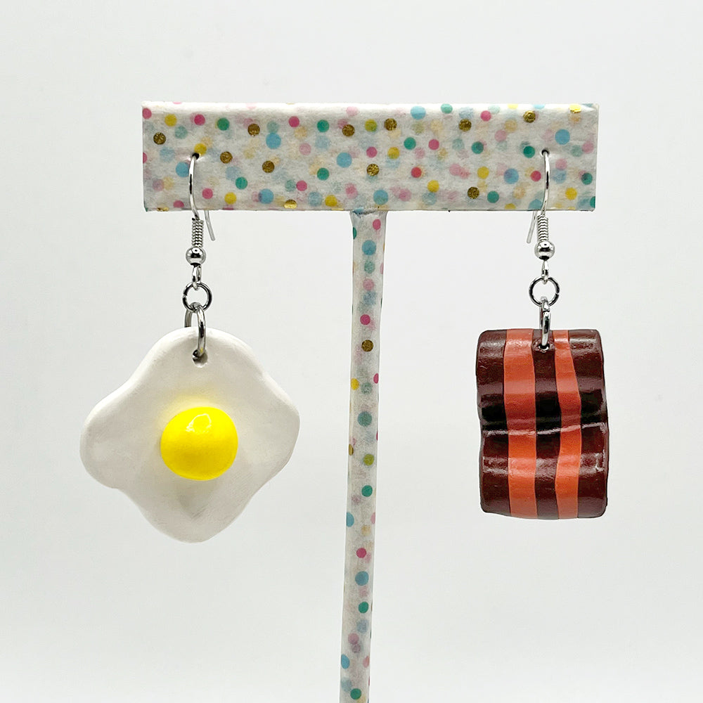 Lees Art Studio Bacon and Eggs Earrings polymer clay earrings front view
