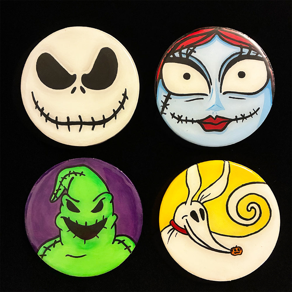 Four pieces coaster set featuring some characters of The Nightmare Before Christmas on black background