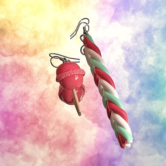 Lees Art Studio lollypop and marshmallow stick polymer clay asymmetric earrings set