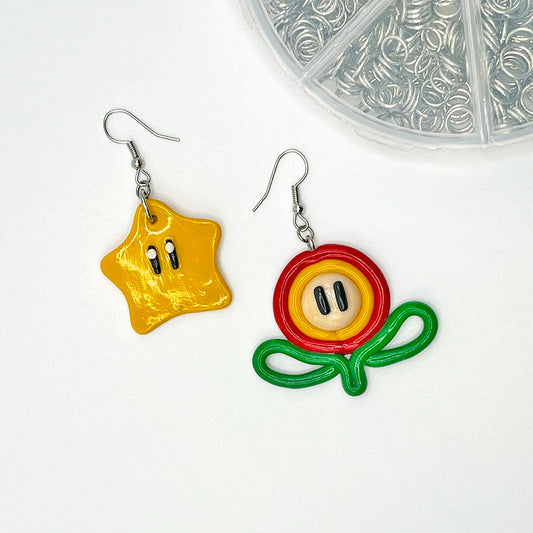 Lees Art Studio star and flower power ups from video game design polymer clay earrings