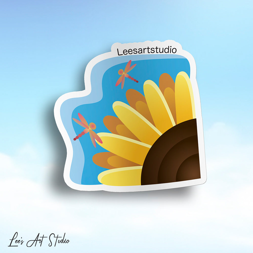 Lee's Art Studio premium sticker of dragonflies and sunflowers united harmoniously on a perfect summer day