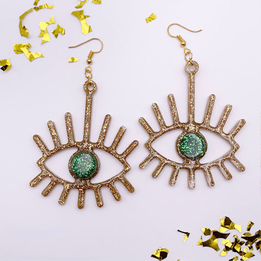 Lee's Art Studio beautiful wide green eyes and gold glitter resin long earrings