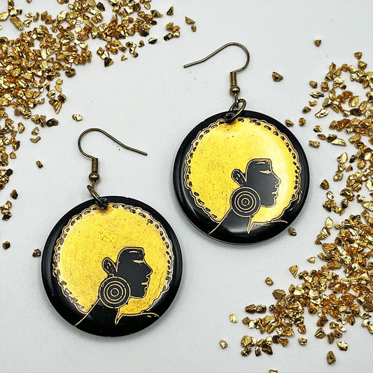 Lee's Art Studio black and gold delicate afro girls with side view resin earrings
