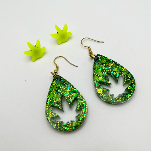 Lee's Art Studio weed theme long hoops and studs resin earring set