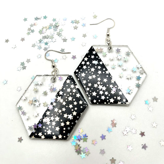 Lees Art Studio acrylic hexagon with holographic stars glitter acrylic earrings