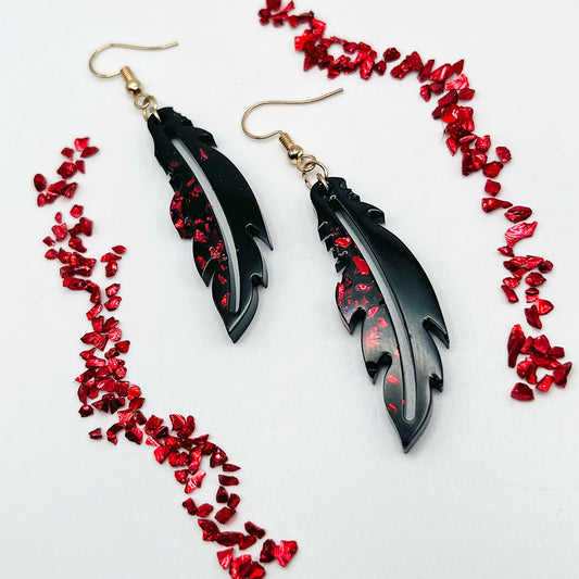 Lees Art Studio black with red crushed crystals resin long earrings