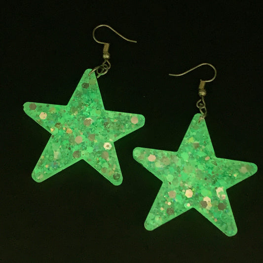 Lees Art Studio chunky glitter glow in the dark star resin earrings glowing view