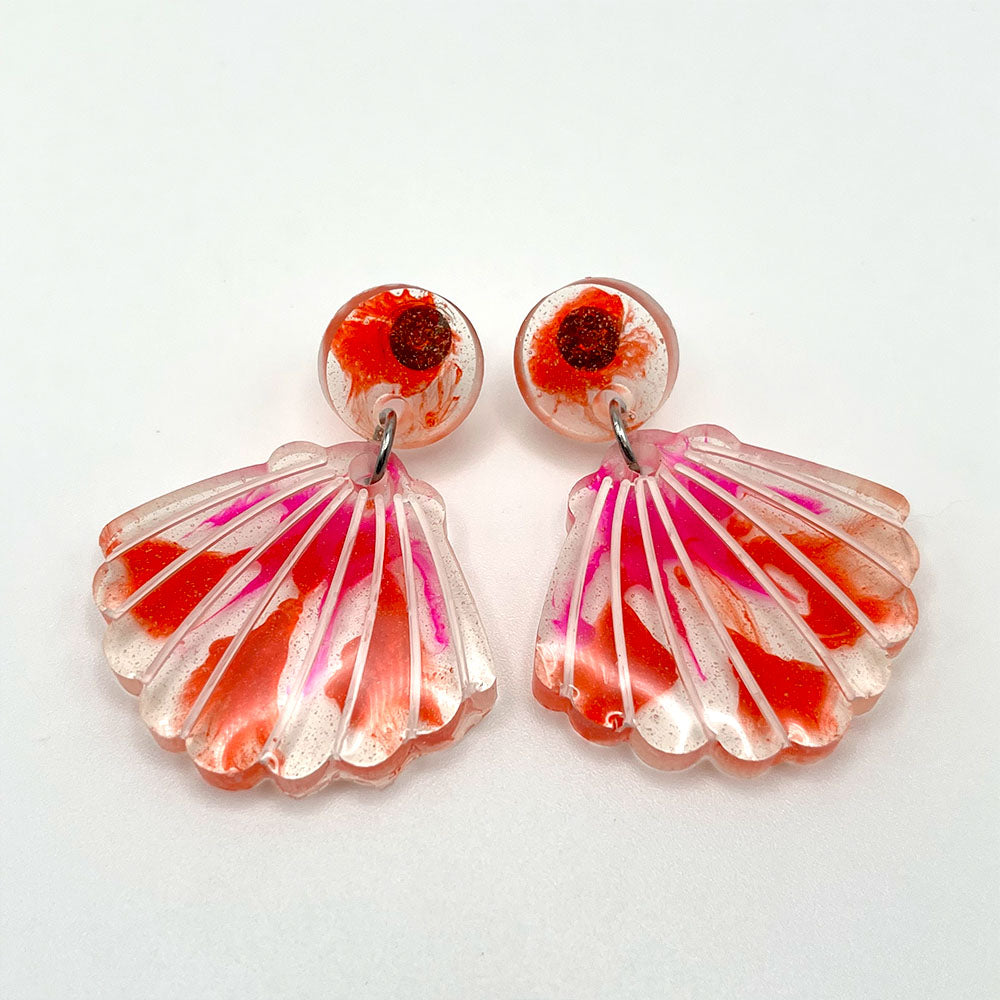 Lees Art Studio shell shaped red and coral resin earrings