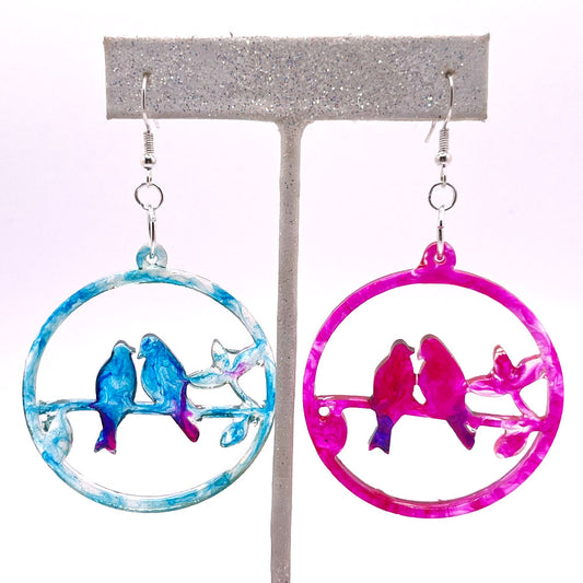 Lees Art studio magenta and blue lovebirds on a branch resin earrings